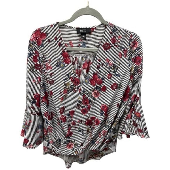 BCX Floral Stripe Wrap Front Bell Sleeve Blouse Women’s Large - Picture 1 of 9